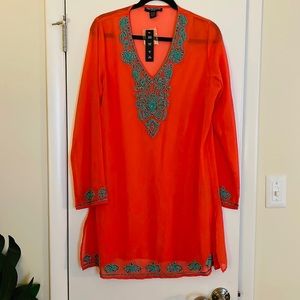 Salmon Pink sheer top with teal beaded design or beach coverup in size medium.